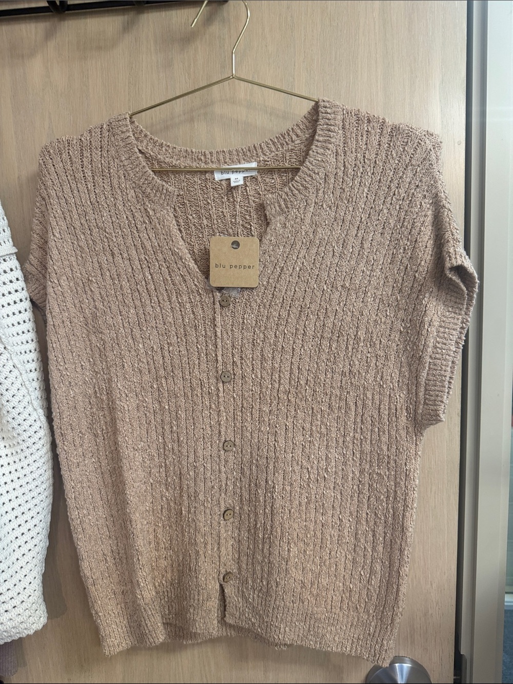 Blu Pepper Short-Sleeve Ribbed Button Cardigan - Taupe